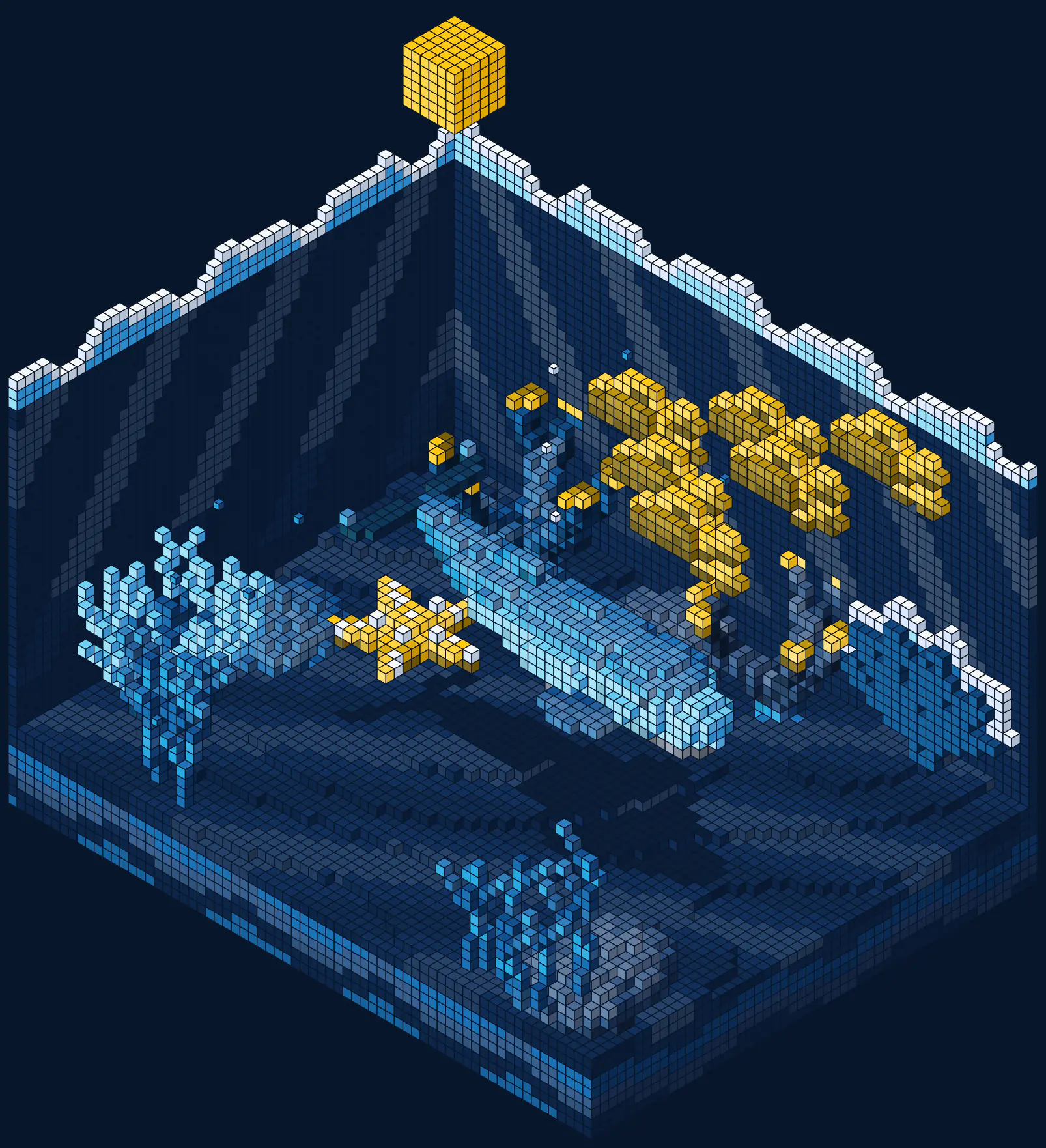 A whale and a school of yellow fish in a cutaway of the sea, built from blocks.