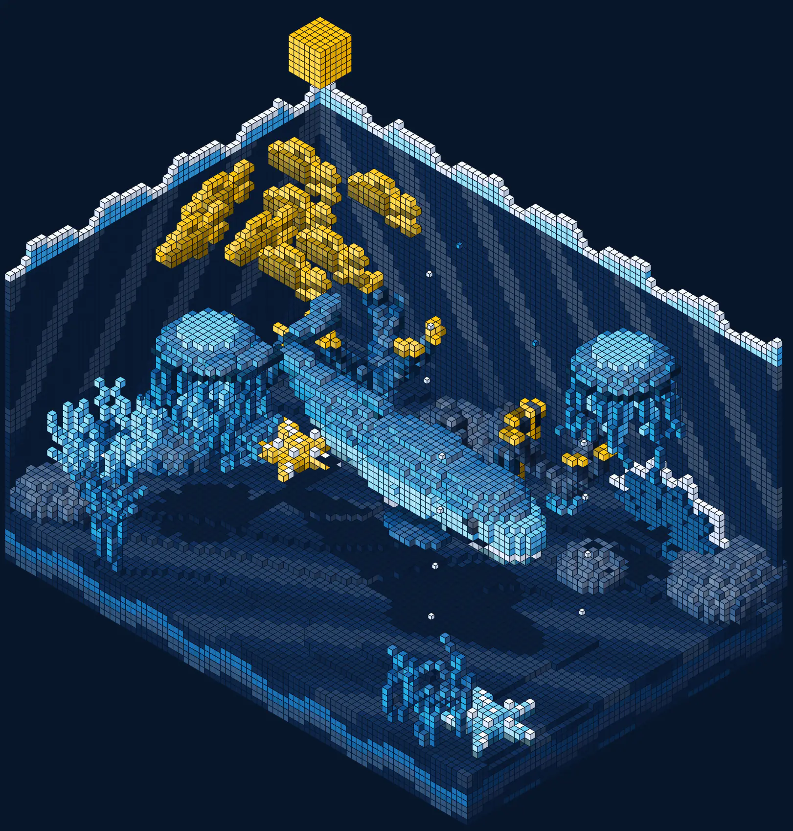 A cutaway of the sea built from blocks: a whale, a school of yellow fish, two jellyfish and a reef, with a yellow block floating above the corner.