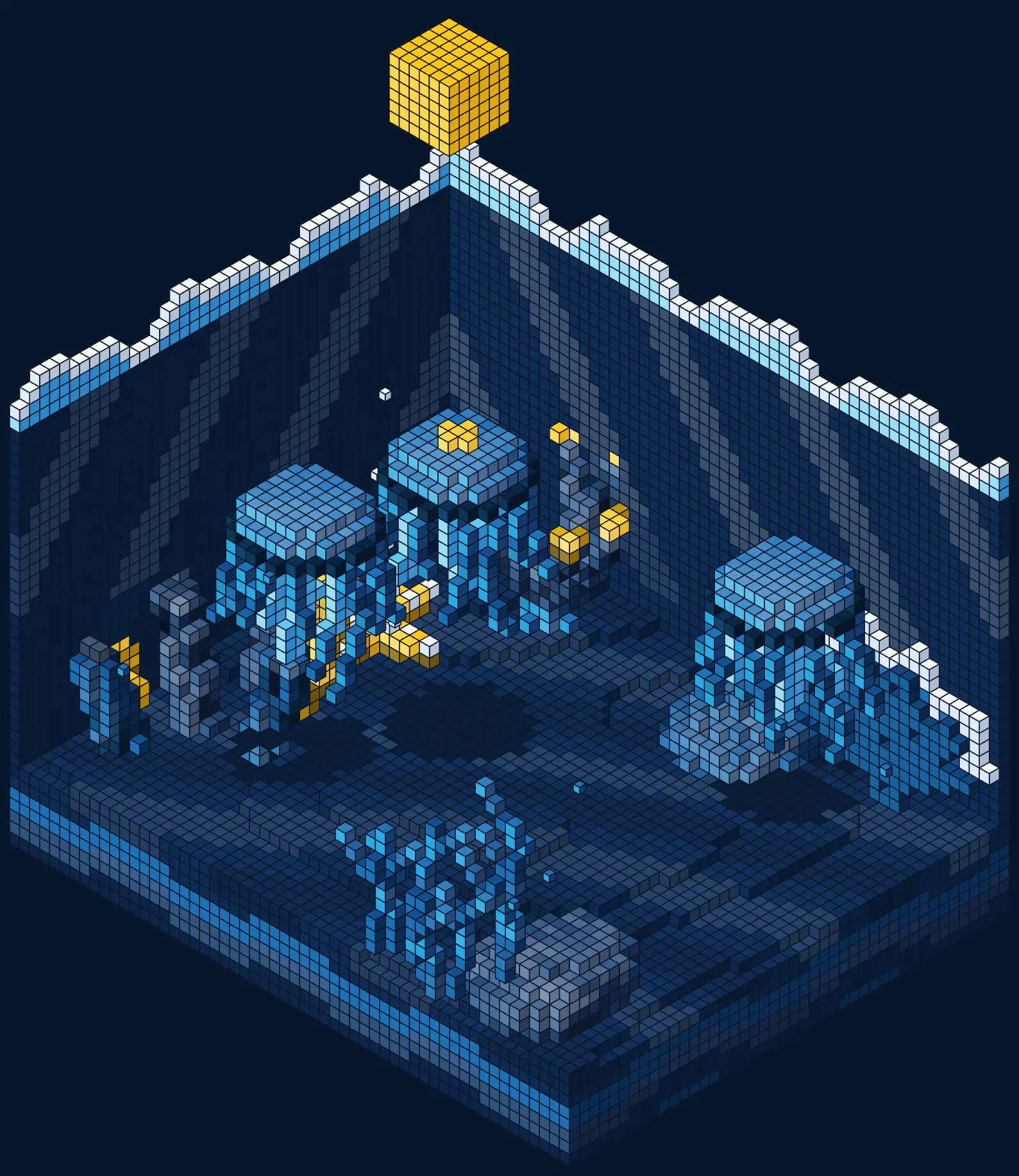 Three jellyfish drifting over a reef in a cutaway of the sea, built from blocks: versions of a design, piling up slowly.