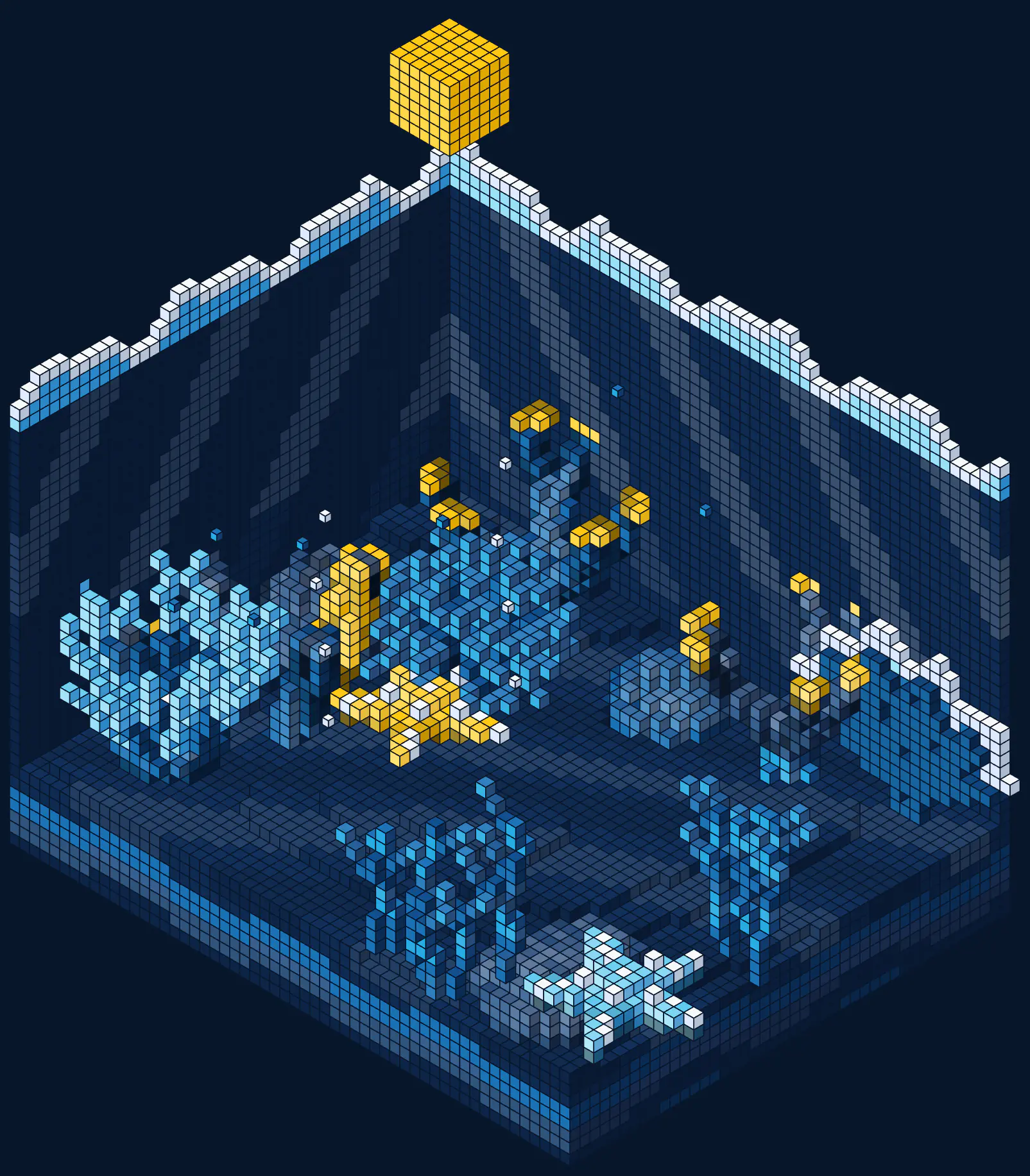 A reef in a cutaway of the sea, built from blocks, with a yellow block floating above the corner.