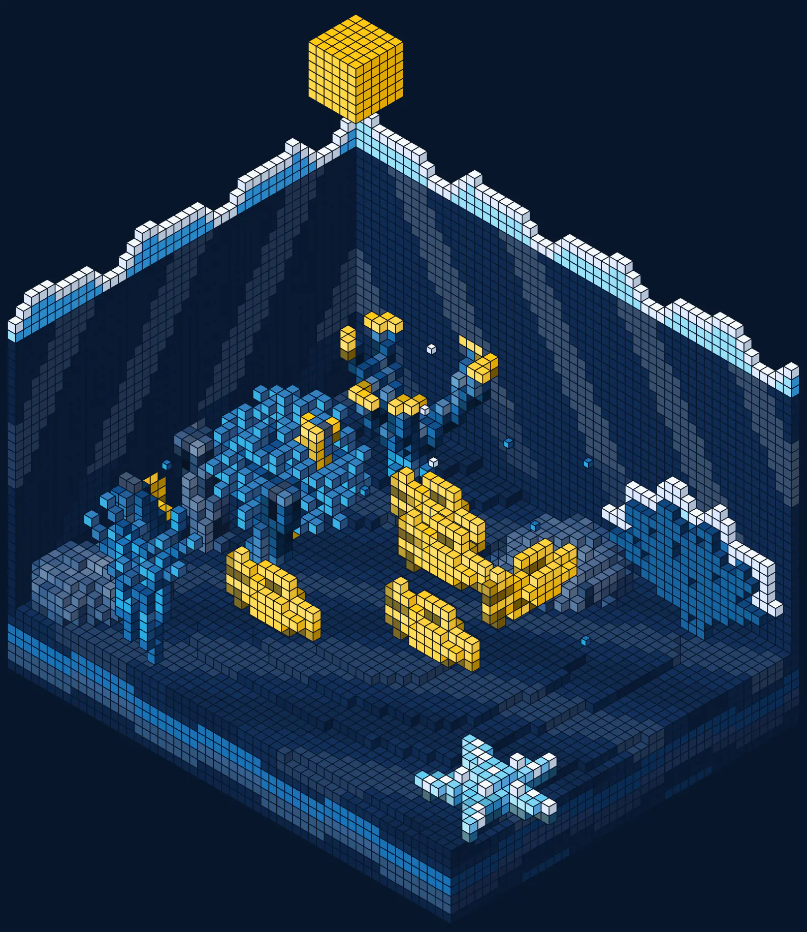A school of yellow fish in a cutaway of the sea, built from blocks: many people, one link.