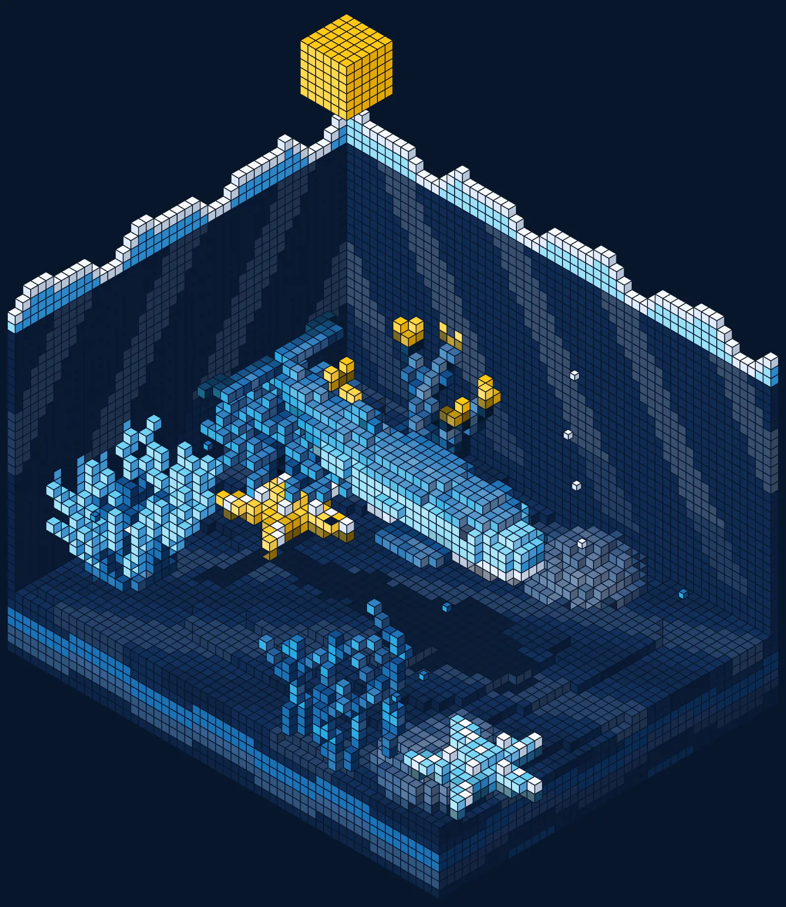 A whale in a cutaway of the sea, built from blocks: a very large file, kept.