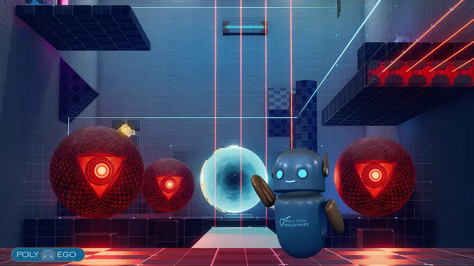 Poly Ego: a small blue robot among red energy orbs in a laser-lit room