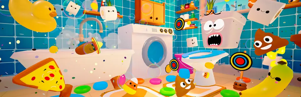 Toilet Toss: a cartoon bathroom full of toys, paper rolls and targets