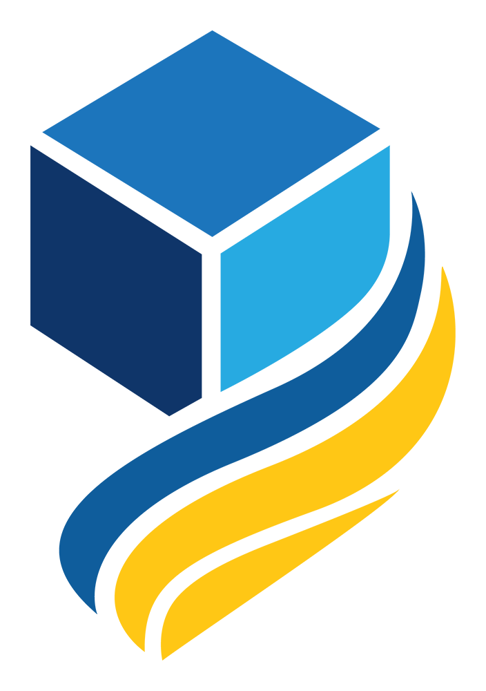 The RitSea mark: a cube in three blues, with a blue ribbon and two yellow ribbons curving beneath it